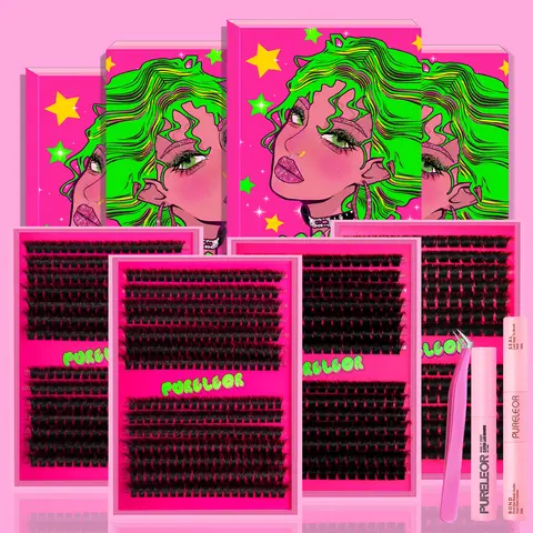PURELEOR Natural Lash Cluster Kit - Dense D-Curl Eyelash Extensions, 10-12-14-16mm Mixed Wispy Individual Lashes, Soft DIY Cat Eyes for At-Home Makeup & Date Night