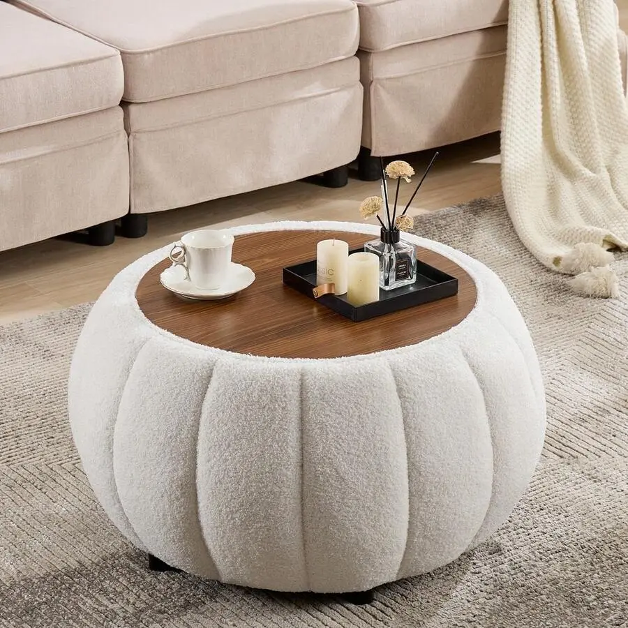 30 Inches Large Round  Ottoman With Storage,Pumpkin Shape Upholstered Ottoman Coffee Table, With Removable Wooden Top, Soft Teddy Fabric Surface, For Living Room, Bedroom Modern White Color Block Sofa Set