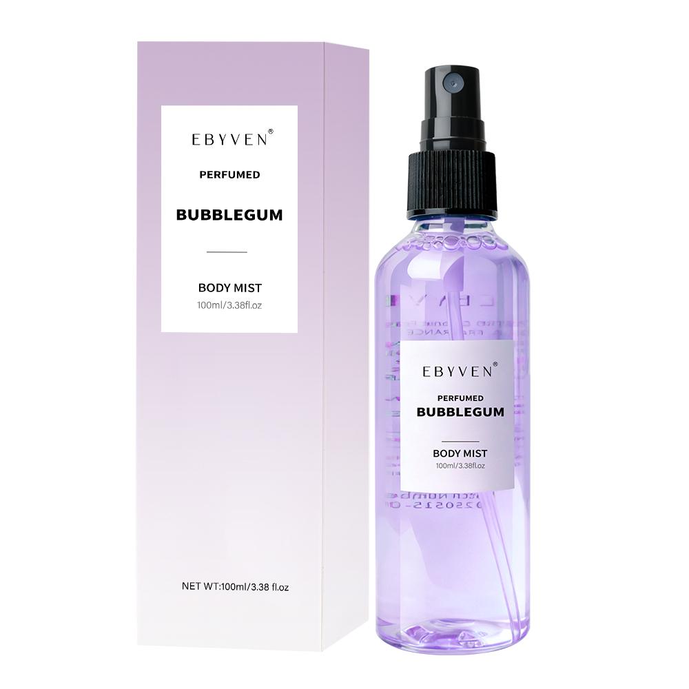 EBYVEN Bubblegum Hair & Body Fragrance Mist - Unisex Bubble Gum Perfume, Fruit-Candy-Rose-Musk Scent, Aromatic Fruity Liquid, Alcohol-Free Beauty Product, Contains Neither Alcohol, Up to 2.9 fl. oz. (100ml/3.3oz or 85ml), Single Item for Adults