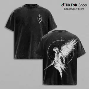 Sanctus Michael Archangelus x Flaming Sword x Shield x Scales of Justice Archangel Michael T-Shirt Washed Church Outfit Gym Pump Cover ,Christian Religious , Jesus Apparel