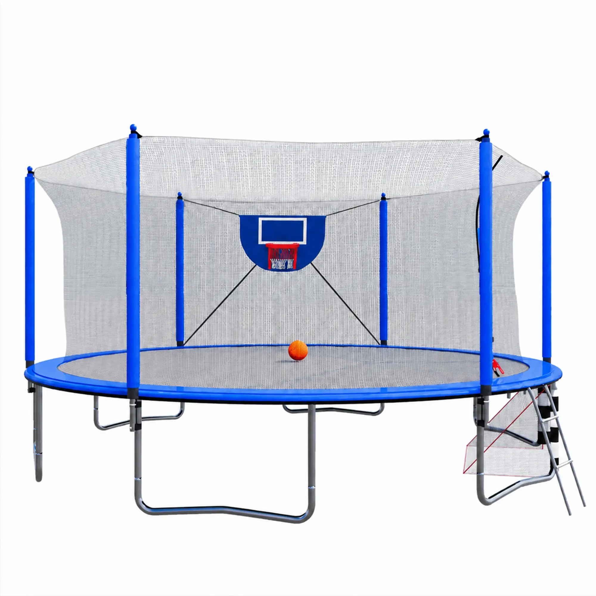 16 ft outdoor trampoline with internal safety cover, basketball hoop, soccer goal, ladder, and pump, UV-resistant, suitable for backyard families and parent–child play