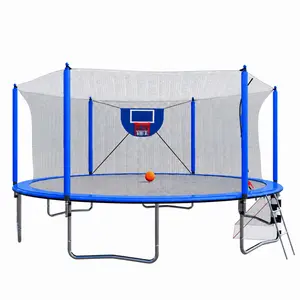 16 ft outdoor trampoline with internal safety cover, basketball hoop, soccer goal, ladder, and pump, UV-resistant, suitable for backyard families and parent–child play