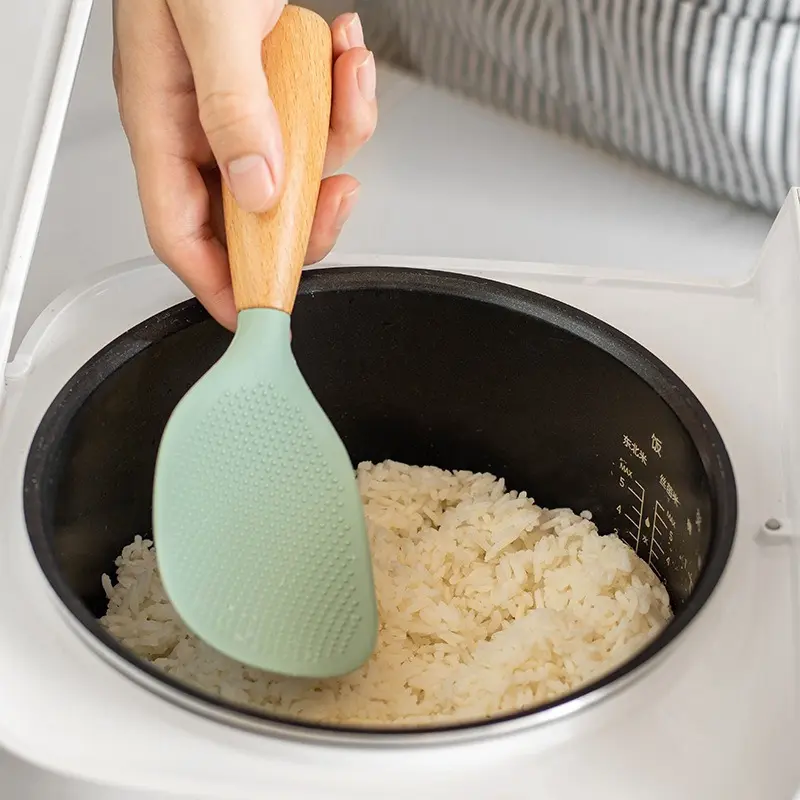 1pc Non-slip Heat-resistant Wooden Handle Stand-up Silicone Rice Spoon Use Rice Cooker Spoon Non-stick Rice Spoon Nonstick Cooking Spoon