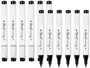Bianyo Black Alcohol Markers Set, Set of 12, Dual Tip Fine & Chisel Art Marker Set with Pen Case for Drawing, Sketching, Outlining, Highlighting, Designing