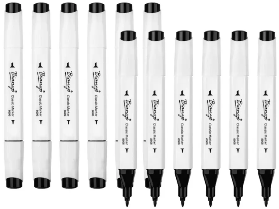 Bianyo Black Alcohol Markers Set, Set of 12, Dual Tip Fine & Chisel Art Marker Set with Pen Case for Drawing, Sketching, Outlining, Highlighting, Designing