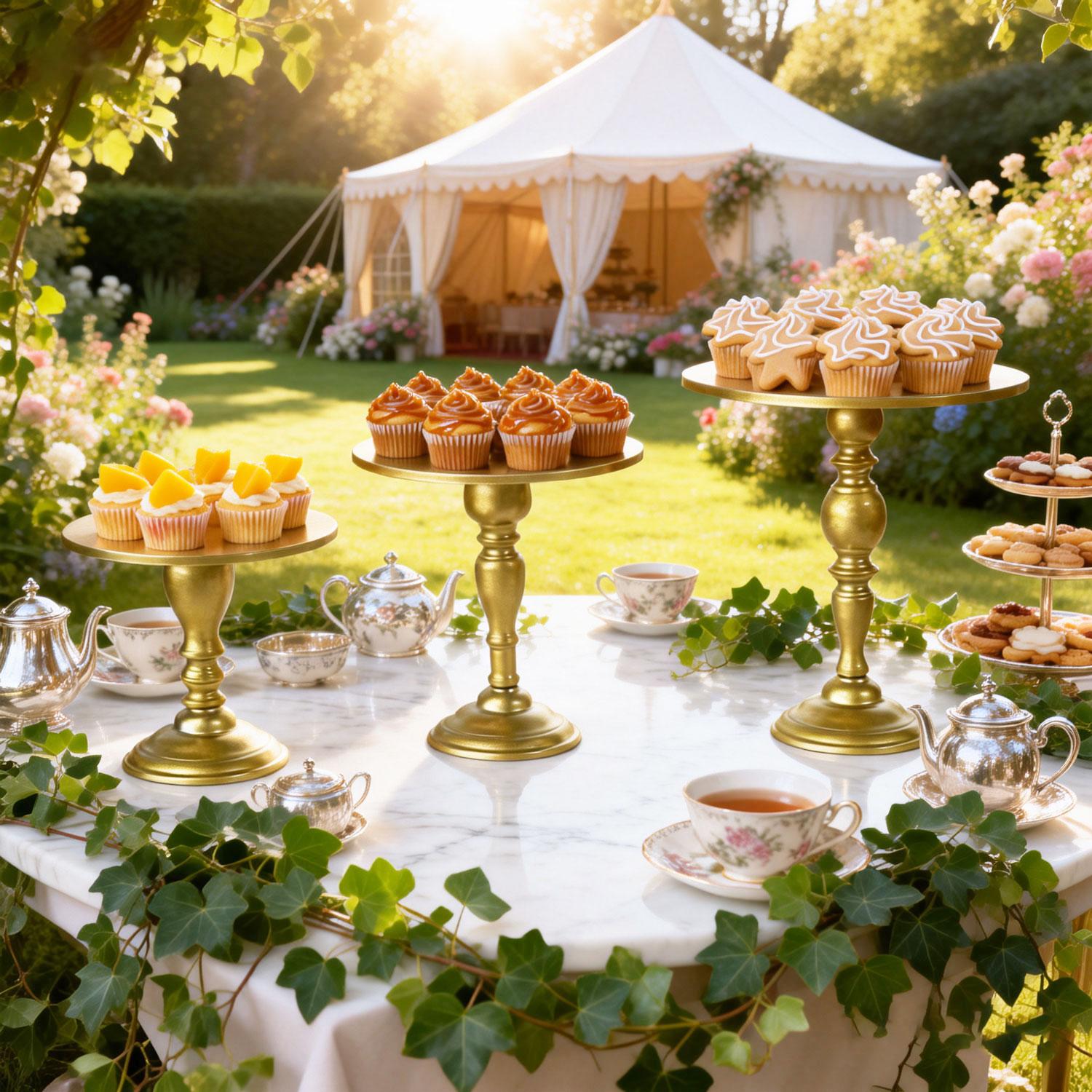 The appearance of the dessert table at the party features a 3-piece set of metal circular cake stands, arranged separately to fill the entire table. The wedding afternoon tea on the day of the wedding is absolutely stunning.  AI·