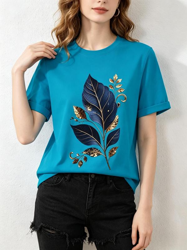 Women's Fitted Pure Cotton Short-Sleeve Crew Neck Tee - Breathable Graphic Print Casual Comfortable Elegant Fabric Anniversary Top, Spring Summer Thin Pullover for Beach, Leisure Sports