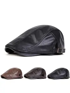 Men's Solid Color PU Leather Beret Hat Cap, Casual Modern Comfortable Lightweight Design Hat for Daily Wear, Fashion Accessories for Men