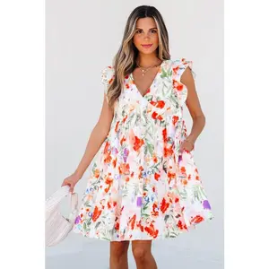 Floral Double Ruffle Sleeve V-Neck Mini Dress