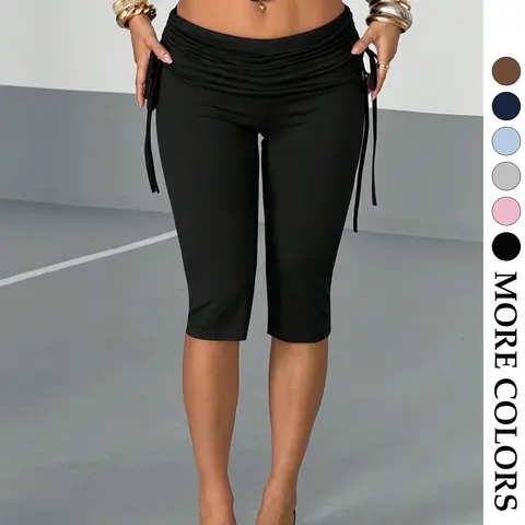 Women's Low Waist Pleated Drawstring Mid-Length Pants, High Elastic Slim Fit Five-Quarter Pants, Streetwear Casual Multicolor Trousers Womenswear Bottom, Casual Bottoms