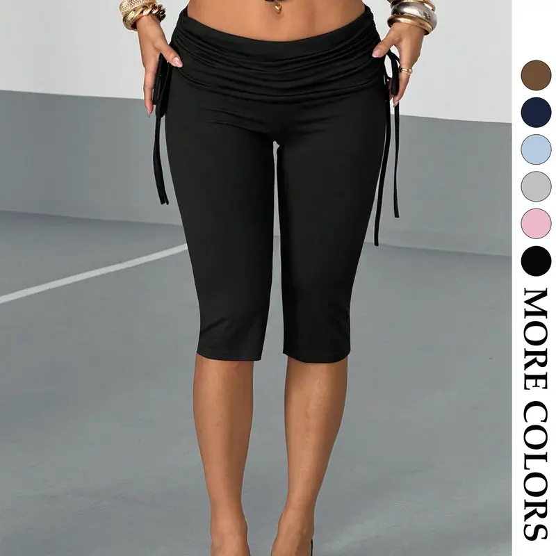 Women's Low Waist Pleated Drawstring Mid-Length Pants, High Elastic Slim Fit Five-Quarter Pants, Streetwear Casual Multicolor Trousers Womenswear Bottom, Casual Bottoms