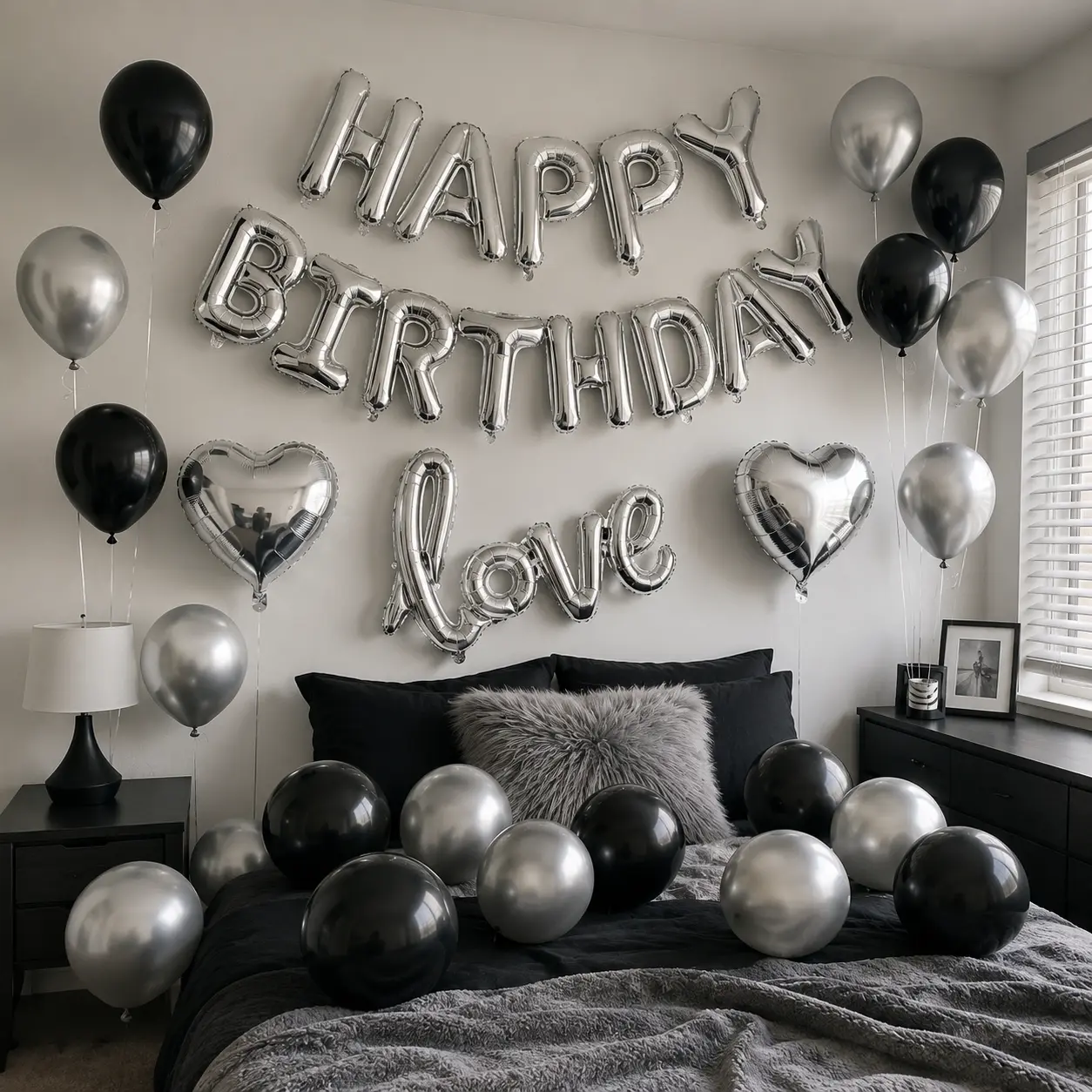 Black Silver Birthday Balloon Set, Happy Birthday Foil Letter Banner with Love Script Foil Balloon, Silver Heart Balloons, Latex Balloons, 43 PCS Romantic Party Decorations for Adults