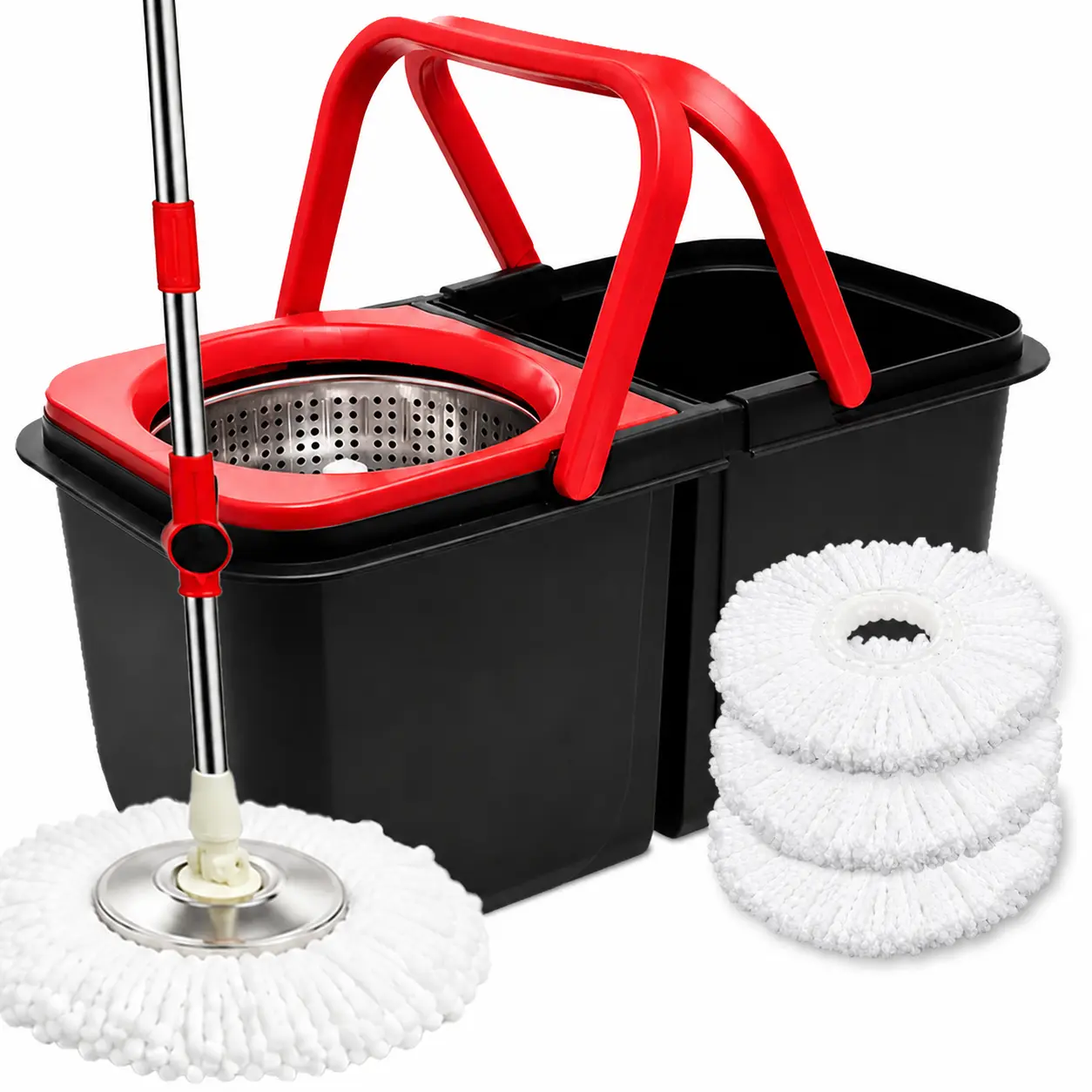 Spin Mop Bucket Set with Wringer - Foldable Space-Saving Dual-Chamber System, Adjustable Stainless Steel Telescopic Handle, Built-in Drain Plug, Comes with a brush 3 Reusable Microfiber Mop Heads for Hardwood, Tile, Vinyl Floor Cleaning Adjustable