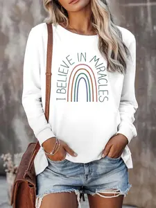 Women's Plus Size Rainbow Letter Print Round Neck Top, Halloween Loose-Fitting Long Sleeve Shirt, Fall & Winter Fashion