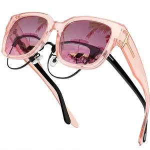 EUNOIALENS Women's 2026 Oversized Square Fit-Over Sunglasses, Trendy Pink Transparent Frame, Gradient Purple Lenses, UV400 Protection, Fits Over Prescription Glasses, Fashionable Multifunctional Shades for Driving, Beach