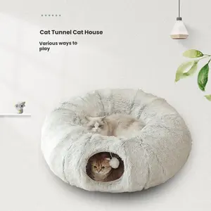 Winter Warm Pet Bed, 2-In-1 Foldable Cat Tunnel with Hanging Ball, Plush Cat Bed for Indoor Outdoor Use, Fabric Material, Kitten Condo