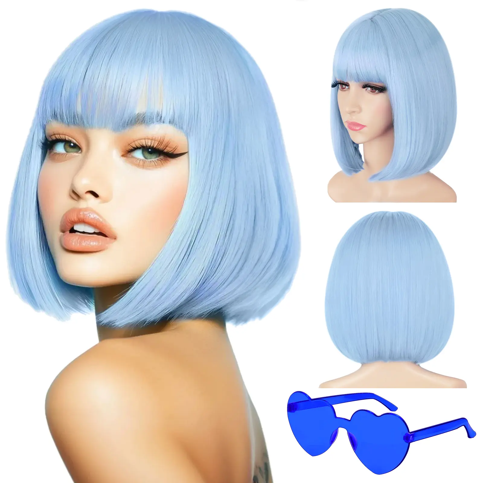 Iridescent Short Bob Wig 10inch Bob Wig with Bangs Realistic Middle Part Synthetic Colorful Cosplay Daily Party Wig for Women