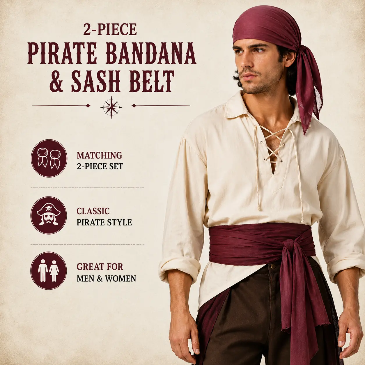2-Piece Pirate Costume Accessories Set, Burgundy Pirate Head Scarf and Waist Sash Belt, Lightweight Head Wrap Bandana and Long Tie Belt for Halloween, Cosplay, Renaissance Festival & Pirate Party