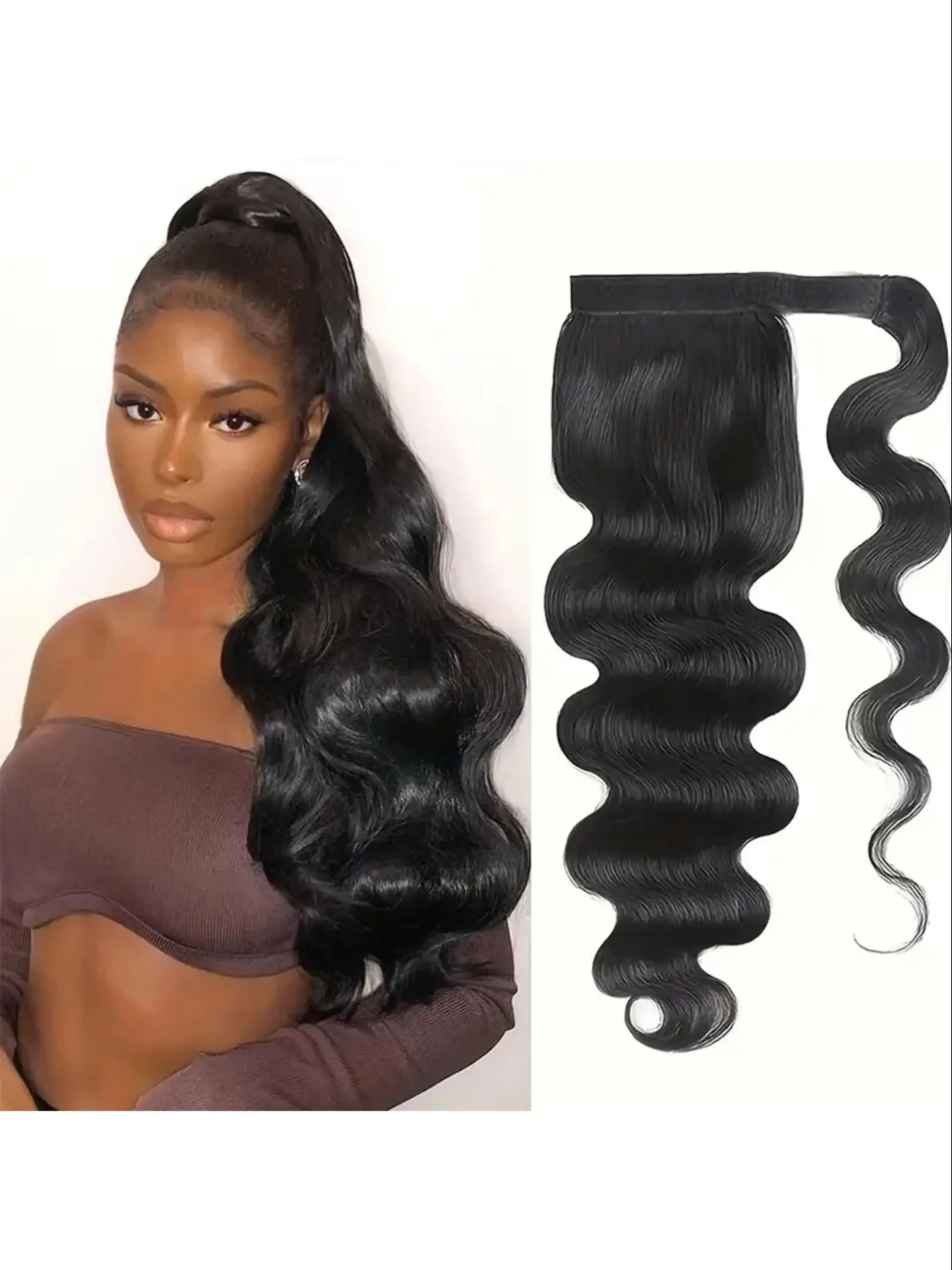 Women's Brazilian Remy Human Hair Ponytail Extensions, Realistic Body Wave, Magic Paste Attachment, Natural Look, 16-22 Inches, Salon-Quality