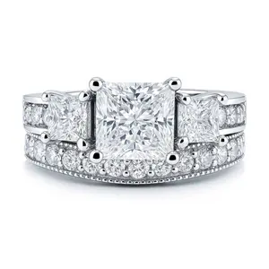 3-Stone 2ct Princess CZ Ring Set in Sterling Silver