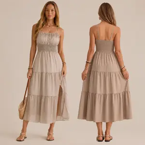2026 Spring/Summer New Style Strap Layered Waist-Cinching Solid Color Slim-Fit Women's Long Dress