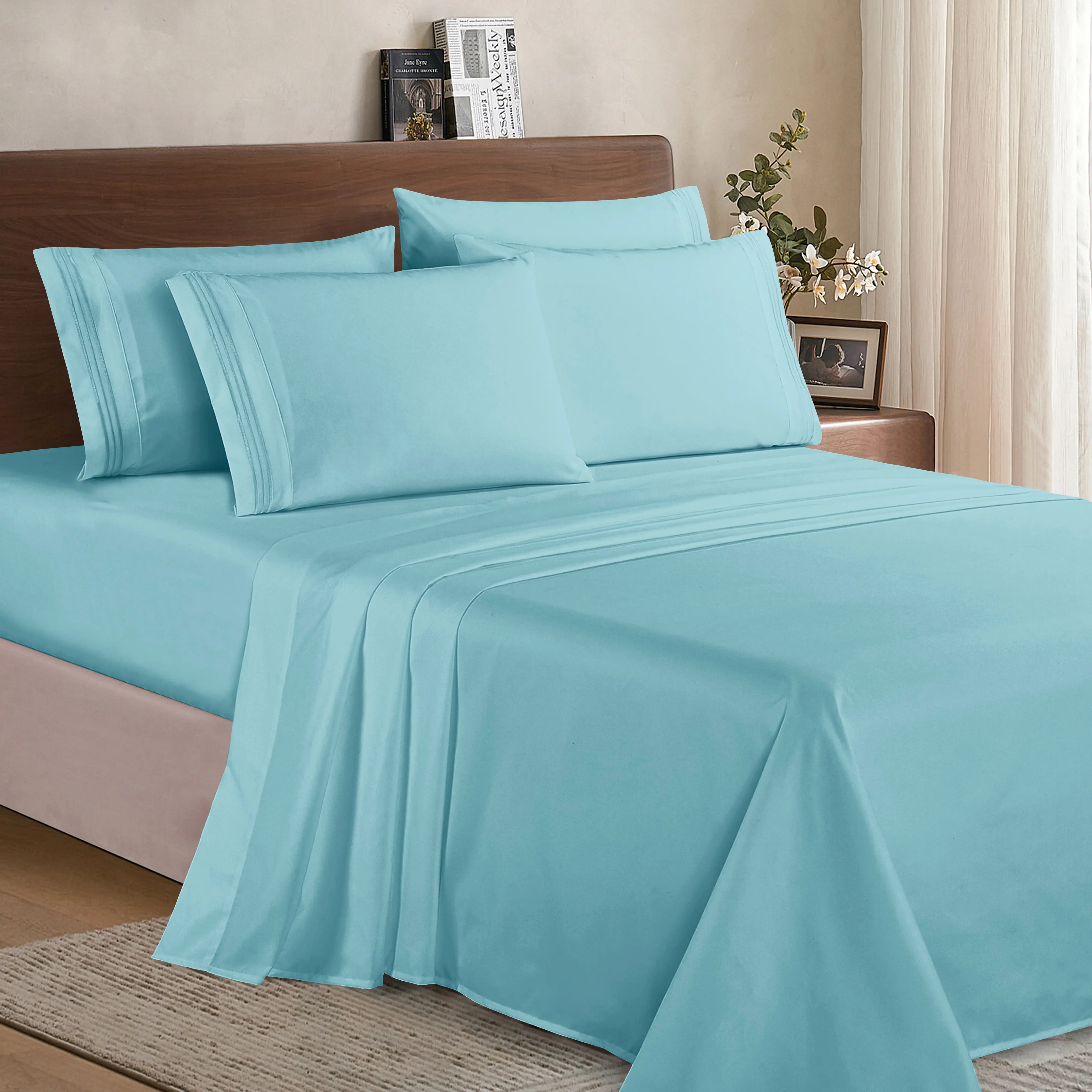 Elegant Comfort 6-Piece 3-Line Embroidery Sheet Set - Premium Hotel Quality in Bright Shades
