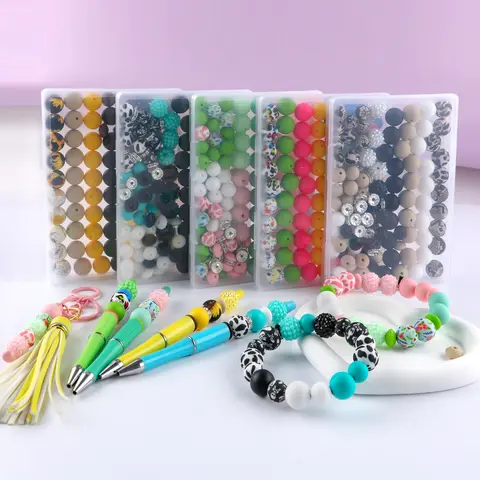 118PCS Elastic Beads DIY Beading & Jewelry Making Set for Crafting Enthusiasts - Acrylic Bubble Gum, Cow, Sunflower, Leopard, Silicone Round, Lentil Rhinestone Pieces for Bracelets, Keychains (Can Be Cleaned with Water)