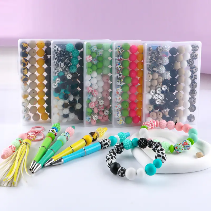 118PCS Elastic Beads DIY Beading & Jewelry Making Set for Crafting Enthusiasts - Acrylic Bubble Gum, Cow, Sunflower, Leopard, Silicone Round, Lentil Rhinestone Pieces for Bracelets, Keychains (Can Be Cleaned with Water)