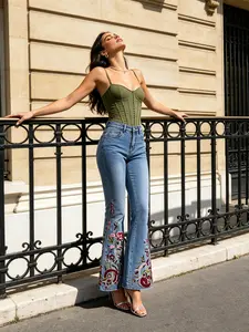 Vintage Art Style Floral Embroidered High Waist Flare Jeans, Light Blue Washed Bell Bottom Pants, Retro Romantic Denim Trousers for Casual & Date Wear