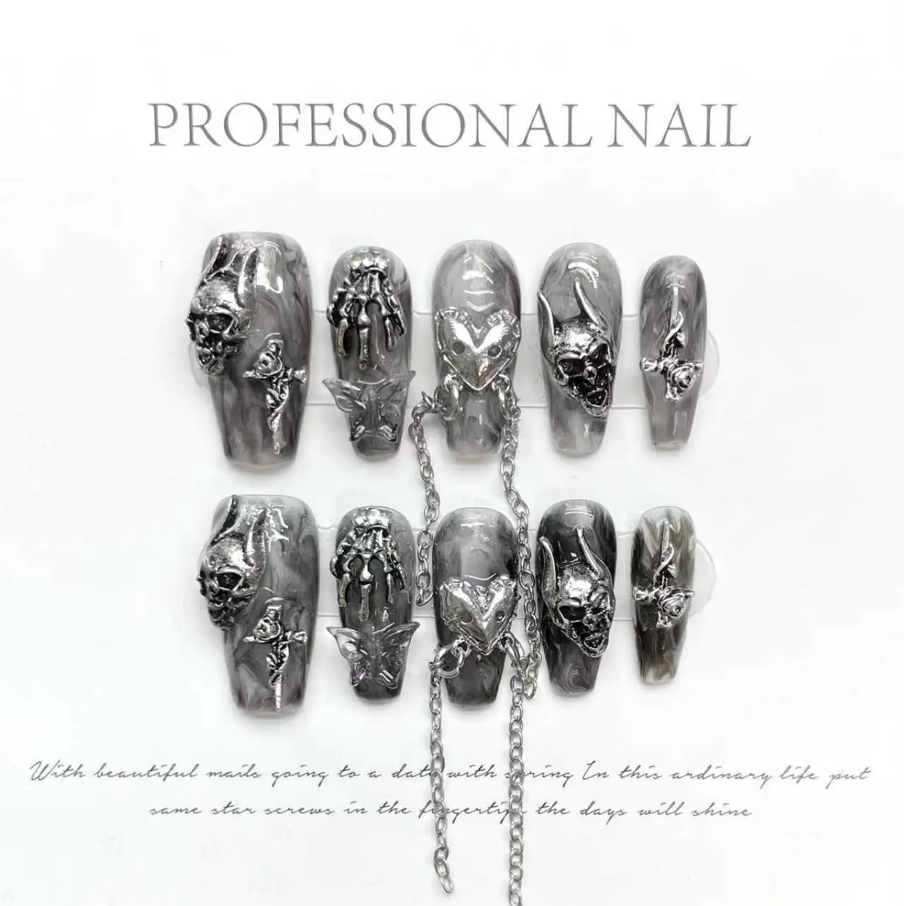 Gothic Grey-Silver Long Coffin Press On Nails With 3D Skull, Chain And Unique Decorations, Handmade Reusable Acrylic Fake Nails For Edgy Style