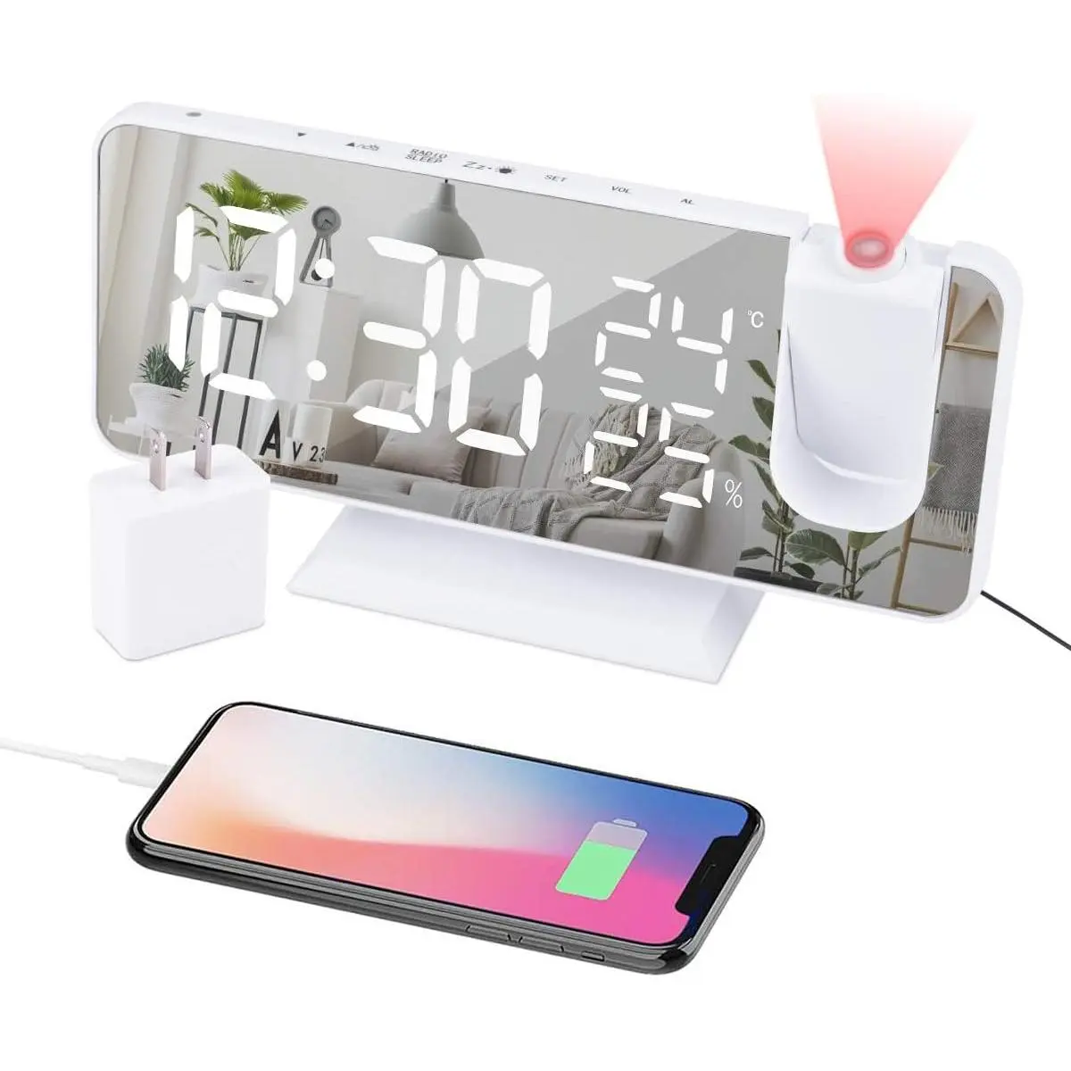 3C9--MPP019  Projection Alarm Clock for Bedroom Ceiling Digital Clock Radio with USB Charger Ports, 7.3" Large LED Screen, 4 Dimmer, Dual Alarm Clock with 2 Sounds, Snooze, White