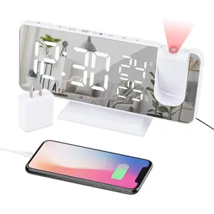 3C9--MPP019  Projection Alarm Clock for Bedroom Ceiling Digital Clock Radio with USB Charger Ports, 7.3" Large LED Screen, 4 Dimmer, Dual Alarm Clock with 2 Sounds, Snooze, White