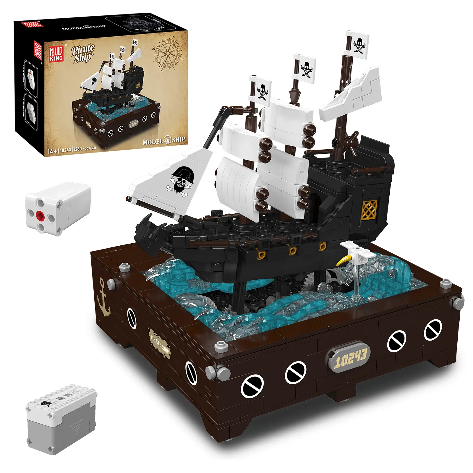 Mould King 10243 Electric Pirate Ship Dynamic Building Block Toy Kit, 1280-Piece ABS Blocks Set for Teens+ & 12 Years Above, Adult Brick Building Sets, Retro Look