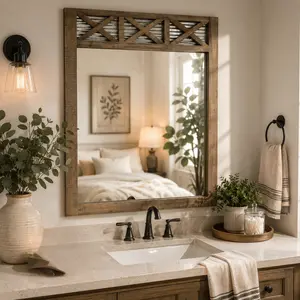 Autumn Alley Farmhouse Bathroom Mirror – Rustic Barn Door Vanity Wall Mirror with Wood & Galvanized Metal Frame for Bathroom, Bedroom, Entryway & Living Room Décor, Large 28” x 34” Brown Mirror