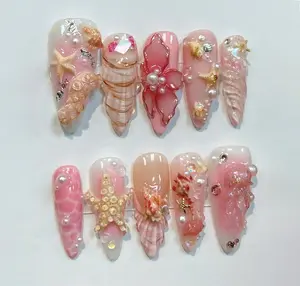 Handmade Pink Summer Press-on Nails, Octopus Jellyfish Floral Nail Art