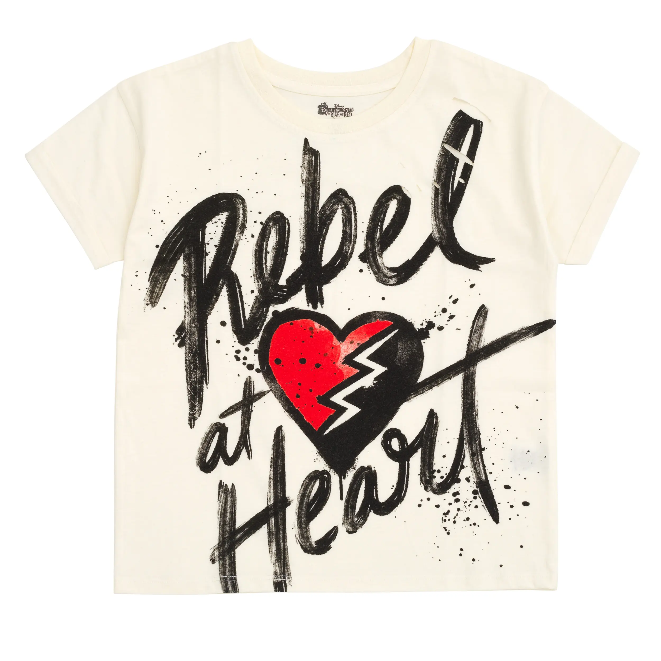 Disney Descendants Girls' Age-Sized Casual Wear Short-Sleeve Round Neck Cutout Drop Shoulder Printed Graphic T-Shirt, Vanilla Ice, Little Kid to Big Kid, Drop Shoulders, 5 - 6 Years, Back To School Haul, Bold 'Rebel At Heart' Print, Bold Print