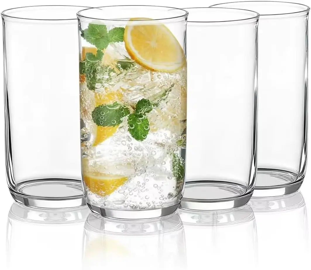 Highball Glasses Set 4pc, 14 oz Tall PET Clear Plastic Drinking Collins Glasses, Reusable Water Glass Cups, Bar Glassware Tumbler for Beverage, Beer, Juice, Milk, Mojito, Cold Drink