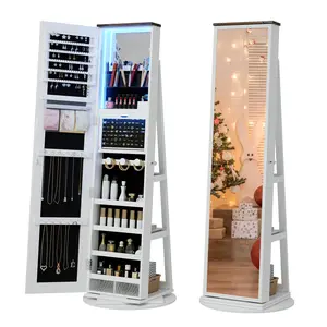 Miu Innovation Lockable Mirror Jewelry Cabinet, 360°Swivel Jewelry Organizer Armoire Standing, FramelessFull-Length Mirror, 3 Storage Shelves,Best gift