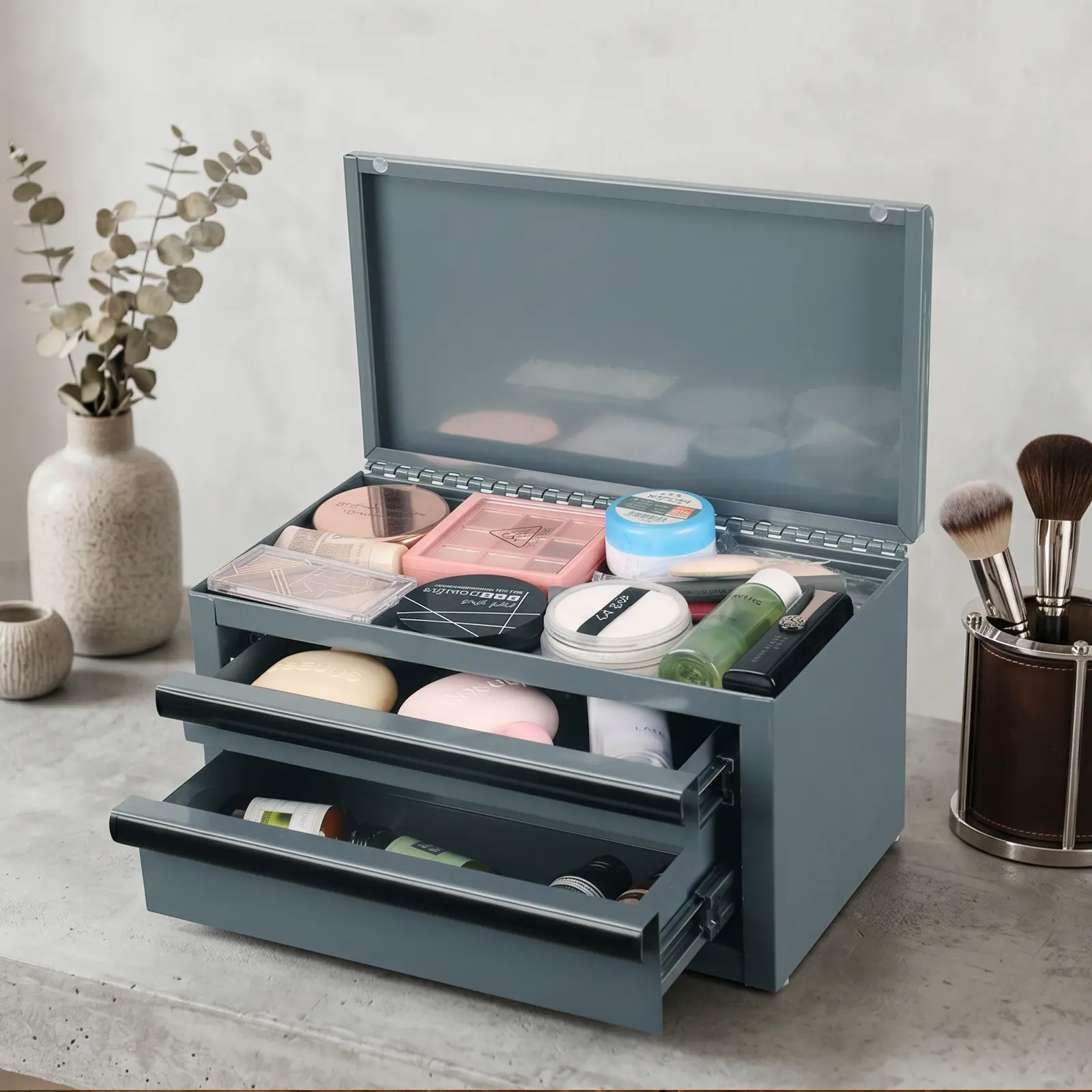 Mini Steel Tool Chest with 2 Drawers & Top Compartment, Ball-Bearing Slides, Non-Slip PP Feet, Versatile Storage for Workbench, Garage, and Desktop Organization