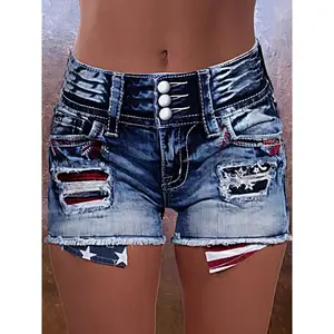 Women's High Waist American Flag Button Fly Distressed Jean Shorts - Stretch Skinny Ripped Denim Shorts with Raw Hem, Frayed Details, Beach Casual Summer Shorts