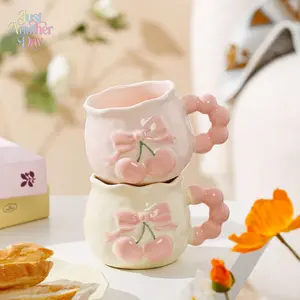 Handmade Embossed Cherry Ceramic Mug, Cute Hand-Painted Pink Bow Design, Aesthetic Water Cup for Girls