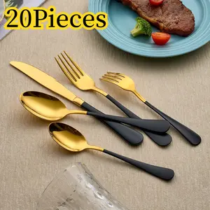 1Set Golden And Black Stainless Steel Flatware Set, Black Handle Cutlery Set Service for 4, Include Dinner Knives, Forks, Spoons, Mirror End Dishwasher Safe