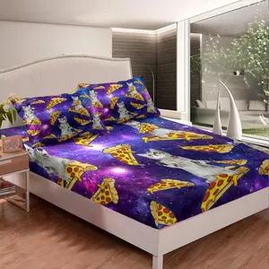 Pet Cat Pattern Fitted Sheet,Cute Kitten Bedroom Decor Galaxy Bedding Set,Pizza Print Bed Sheet Set,3D Animal Bed Cover Queen Size