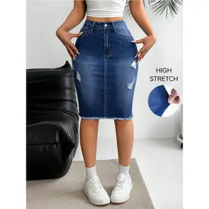 Women’s ripped pocket denim skirt, fashionable casual denim skirt for daily outdoor wear, ladies’ summer bottoms, boho fashion skirt, boho casual skirts, high-stretch skirt, womenswear