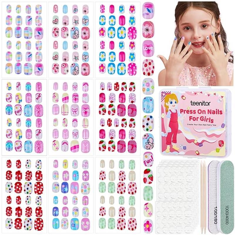 Teenitor Press On Nails for Girls, 216pcs Short Acrylic Nails in 9 Stylish Designs, 10 Sizes with Adhesive Tabs, Includes Nail File Buffer, Perfect for Kids & Girls