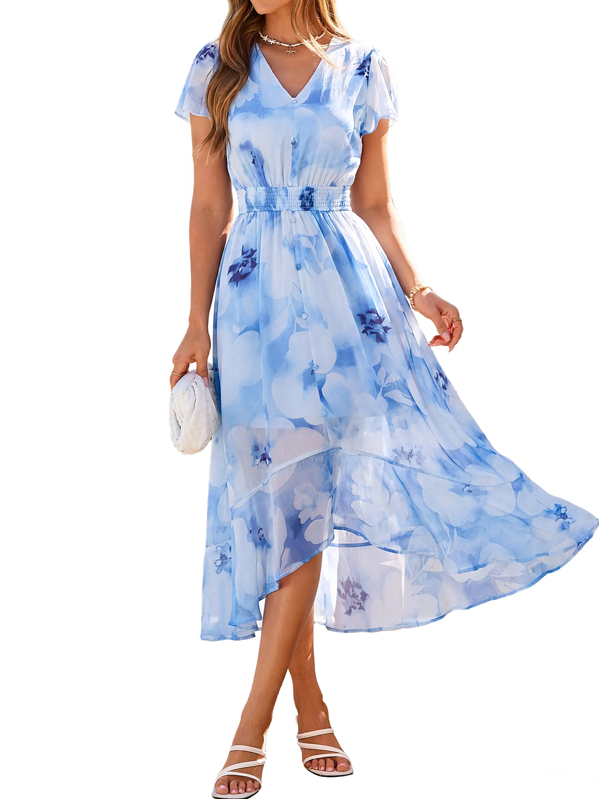 Simplee Womens High Low Floral Dress | Unbalanced Short Sleeve Wedding Guest Dresses | Elegant V Neck Flowy Boho Beach Vacation Long Gown