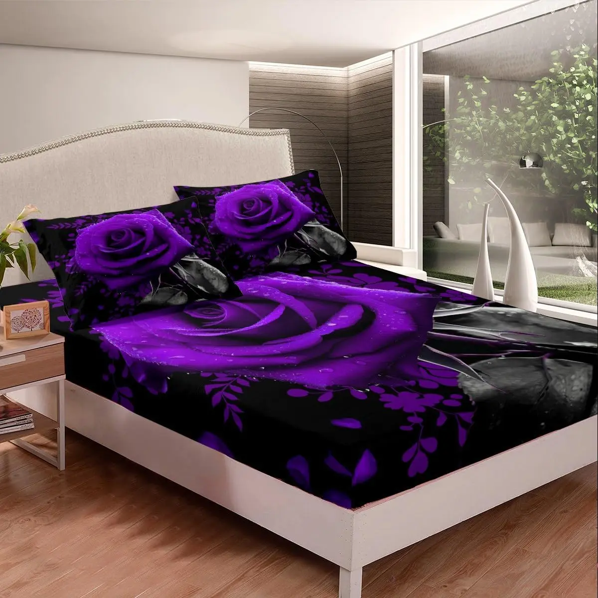 Feelyou Purple Rose 4-Piece Breathable Fabric Soft Bedding Set - Valentine's Day Romantic Themed Linens with 1 Fitted Sheet, 2 Pillow Shams, 1 Flat Sheet, Soft Bedding Sheet