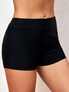 Two-Piece Set Women's Solid Swim Shorts, Summer Clothes Women, Boho Comfort Plain High Stretch Seamless Swim Bottom, Swimming Shorts, Ladies' Swimwear For Summer Beach Vacation Valentine's Day, gift