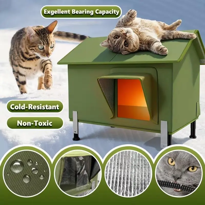 Indestructible Waterproof Heated Outdoor Cat House wth Heated Pad, Heated Bowl, Thermostat & Overheat Protection with Auto Shutoff, Warms  – Waterproof, Insulated & Elevated, Iron Frame, Escape Door & Window, UL-Tested Heating Core