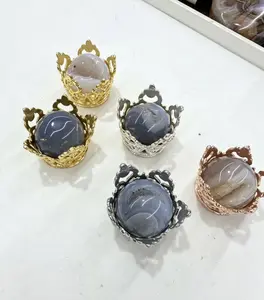 1pc Natural Blue Agate Sphere with Crown Stand, Polished Crystal Ball for Home Decor, Energy Healing, and Meditation